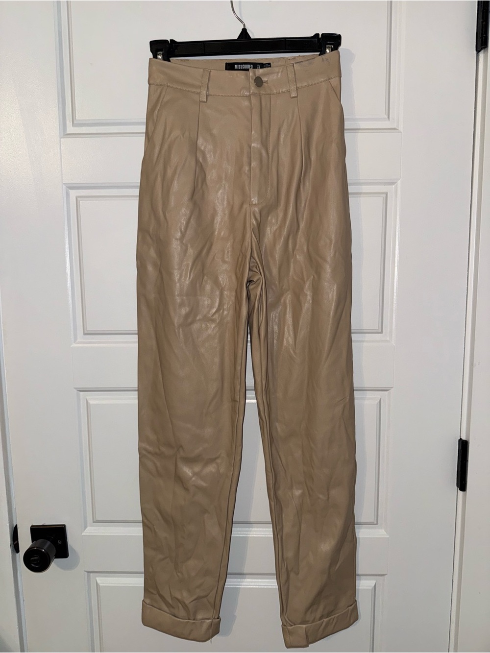 Missguided + Beige Faux Leather Chinos